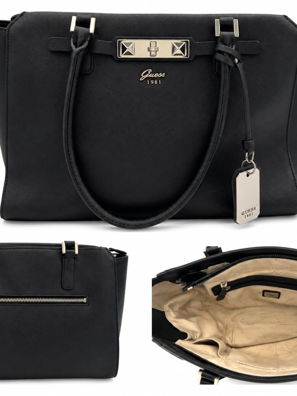 Guess Black Structured Saffiano Tote with Silver Hardware - Picture 2 of 7